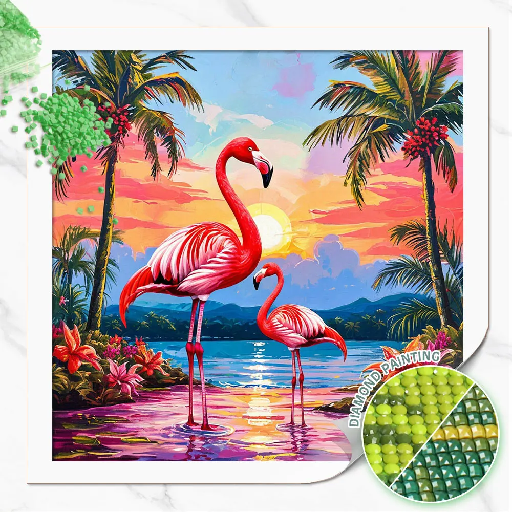 Huacan 5D DIY Diamond Painting Tropical Sunset Flamingo Diamond Embroidery Animal Complete Kit Decorative Paintings
