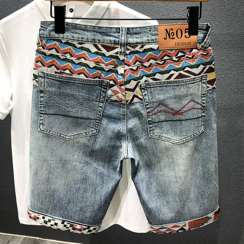 2024 Summer Denim Shorts Men's Stitching Embroidery Ripped Knee-length White Black Retro Blue Fashion High Quality Jeans