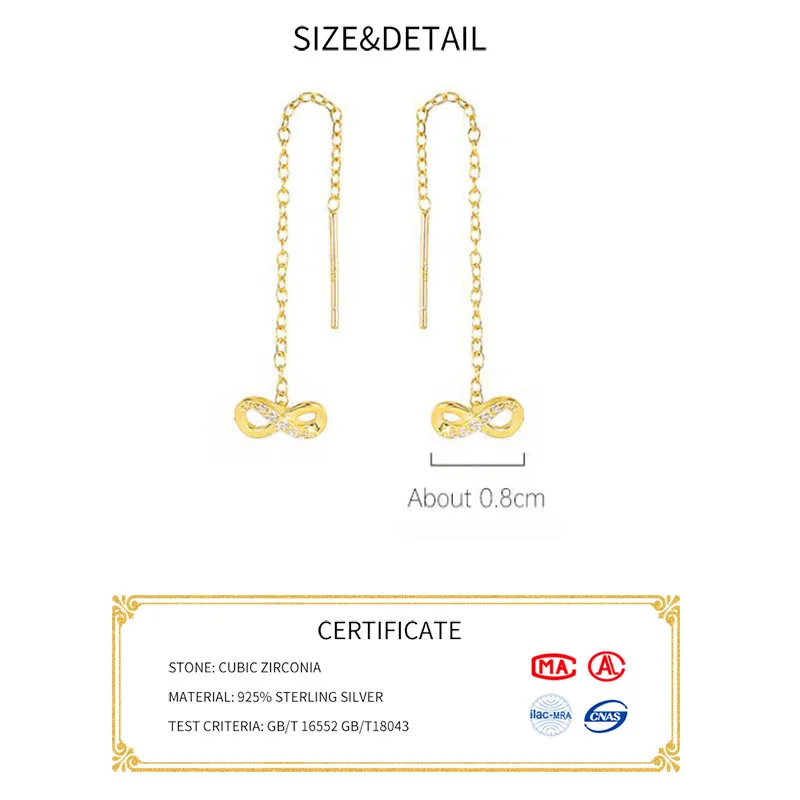 SOFTPIG Real 925 Sterling Silver Zircon Number Infinite Chain Tassel Stud Earrings For Women Trendy Fine Jewelry Minimalist Gift