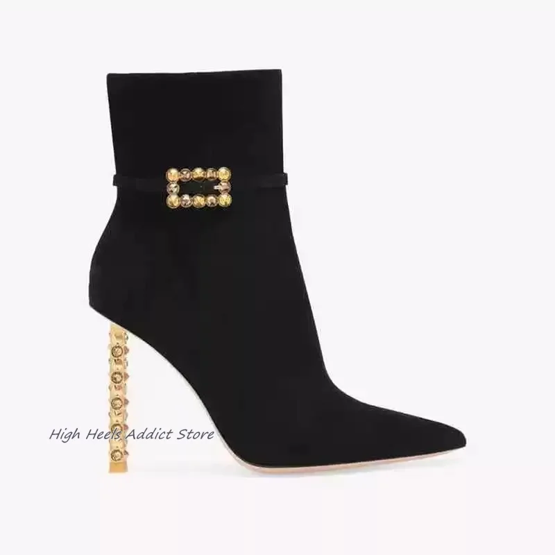 

Women Black Suede Pointed Toe Crystal Buckled Ankle Boots 2024 New in Luxury Designer Sexy High Heels Booties Shoes on Offer