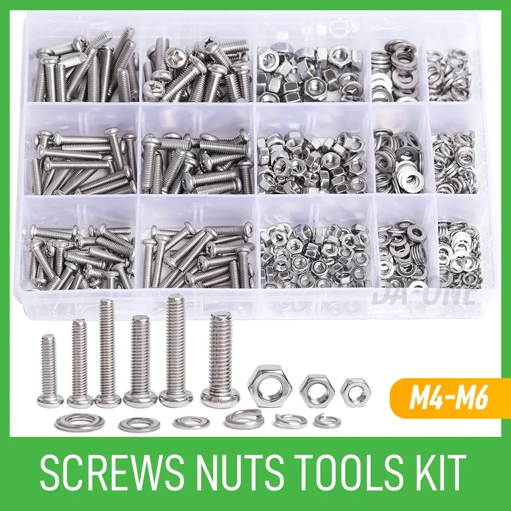 

510 Pcs Phillips Screws Nuts Assortment Kit M4 M5 M6 Flat Round Head Stainless Steel GB819 Countersunk Bolt Nut Washers Set Box