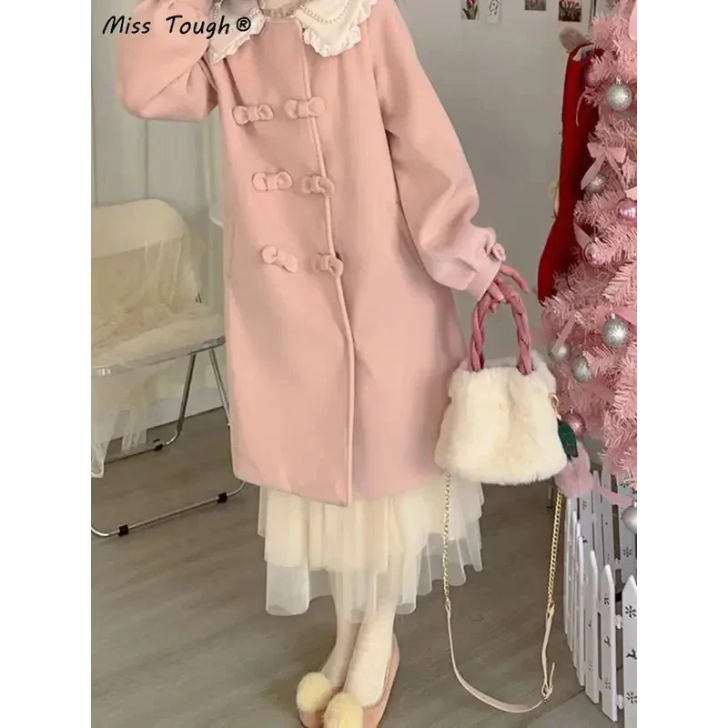 Pink Kawaii Warm Wool Coat Winter Women Bow Sweet Long Outwear Jackets Female Korean Fashion Designer Thick Overcoat 2024 N NM33 view 4