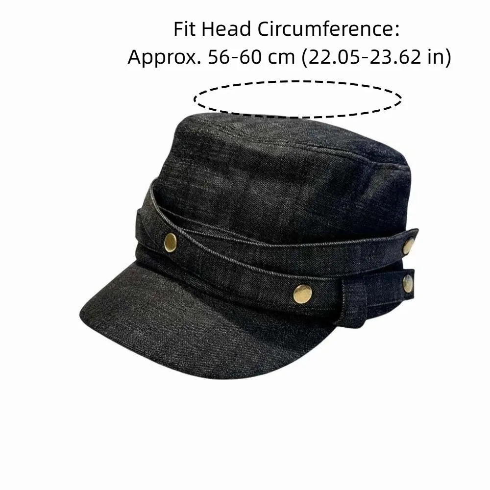 Gewaschene Denim-Flachmütze mit Metallknopf, Kreuzband, Retro-Reitermütze, verstellbarer Riemen, einfarbig, Vintage-Schirmmütze – Detail 1