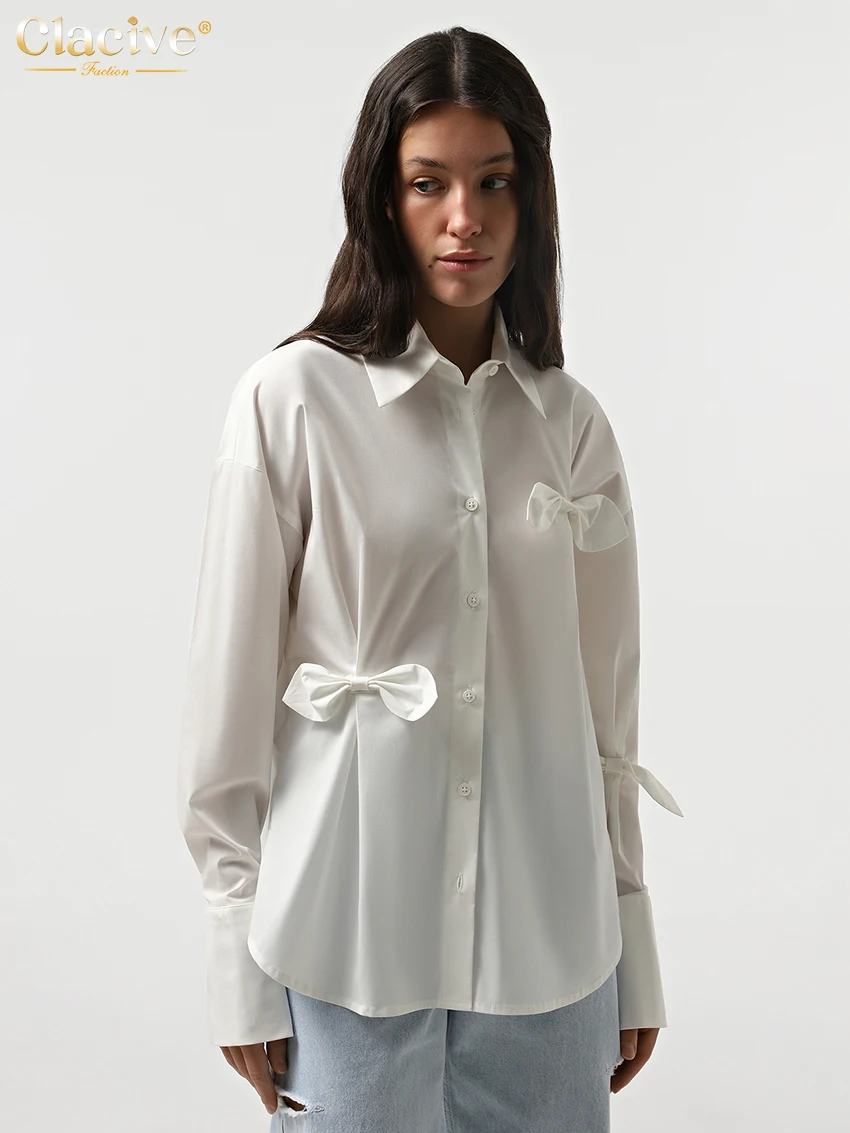 Clacive Fashion Loose White Office Women's Shirt 2025 Casual Lapel Long Sleeve Blouse Elegant Classic Bow Tops Female Clothing