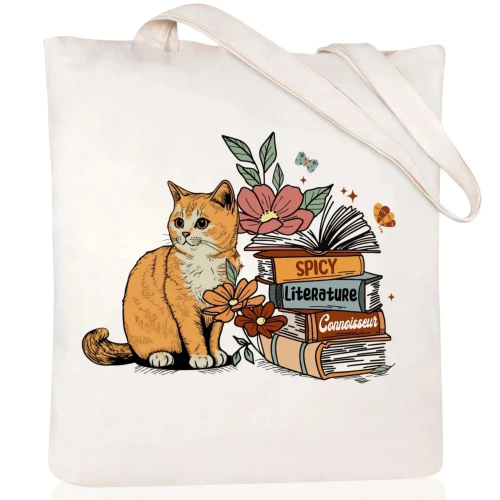 Cute Cat Flower Canvas Handbag Cat Playing with Yarn Ball Print Environmentally Friendly Reusable Shoulder Shopping Handbag Gift