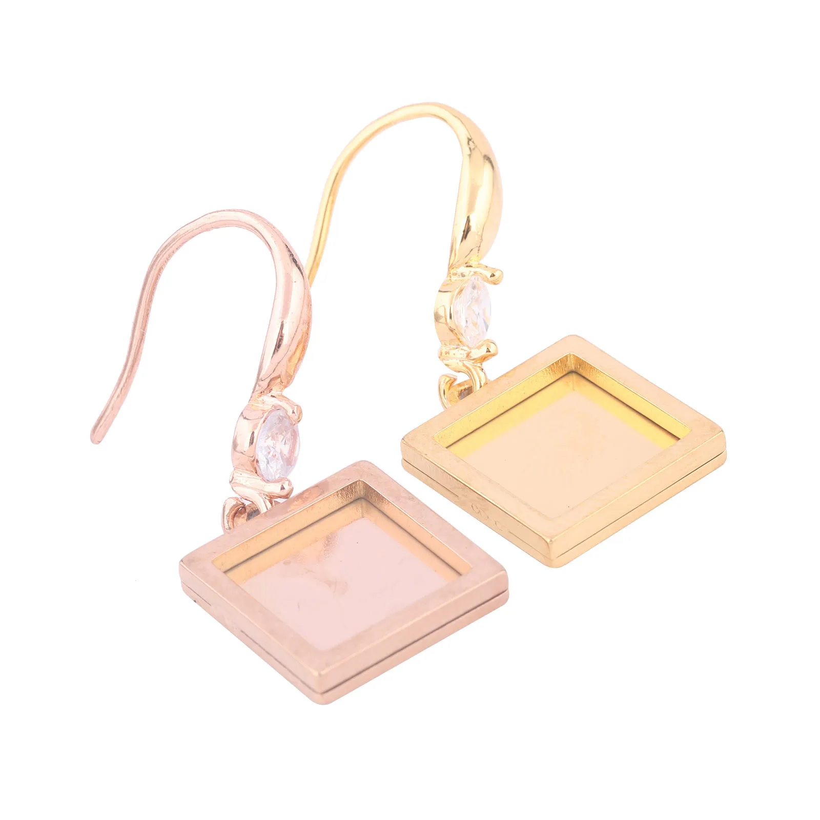 6pcs Stainless Steel Rose Gold Plated Fit 10mm Square Cabochon Earring Base Setting Blanks Diy Zircon Earrings Hooks Findings