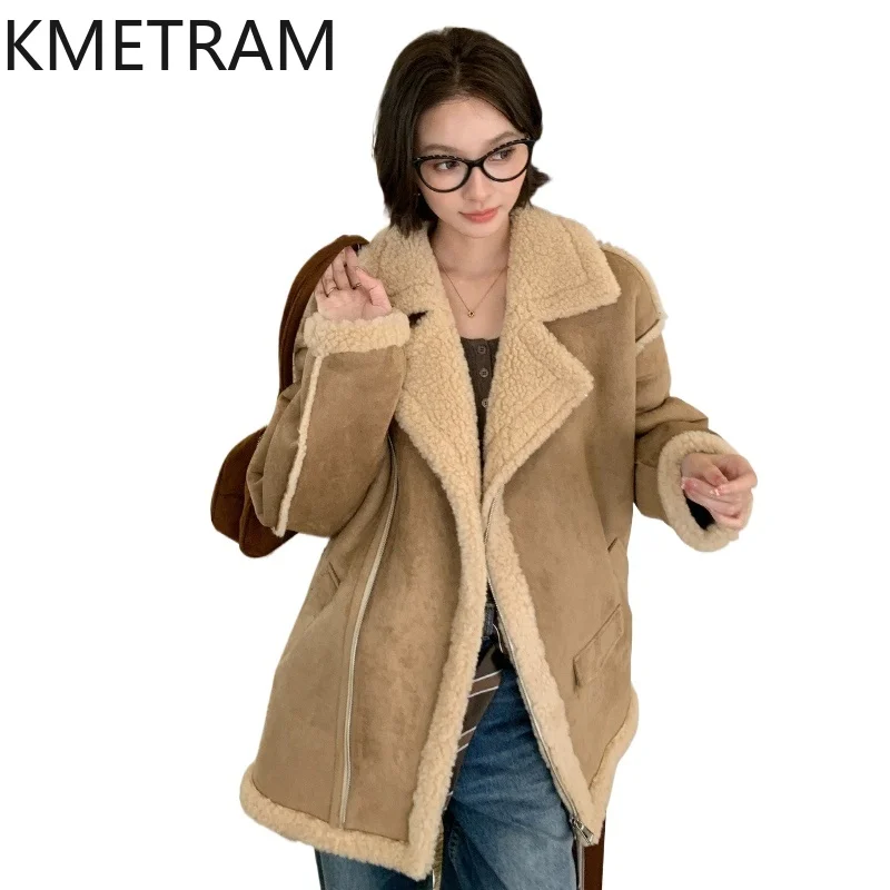 KMETRAM 100% Wool Jacket Women Fashion Loose Biker Coat 68cm Winter Sheep Shearing Coats High Quality Woman Clothing 2026 casaco