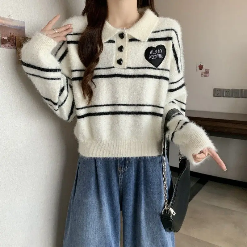 Sweet Cool Academy Love Style Stripe Imitation Mink Fur Knitted Warm Korean Edition Sweater