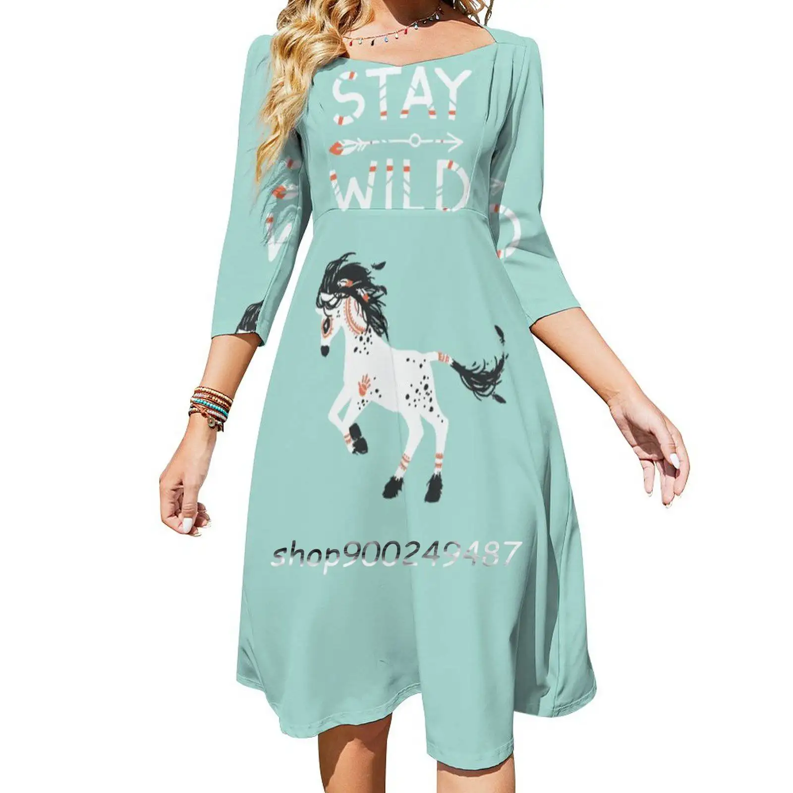 Stay Wild Women Spring Autumn Long Sleeve Dress Female Casual Dress Horse Run Wild Mane Text Motivation Nursery Freeminds Blue