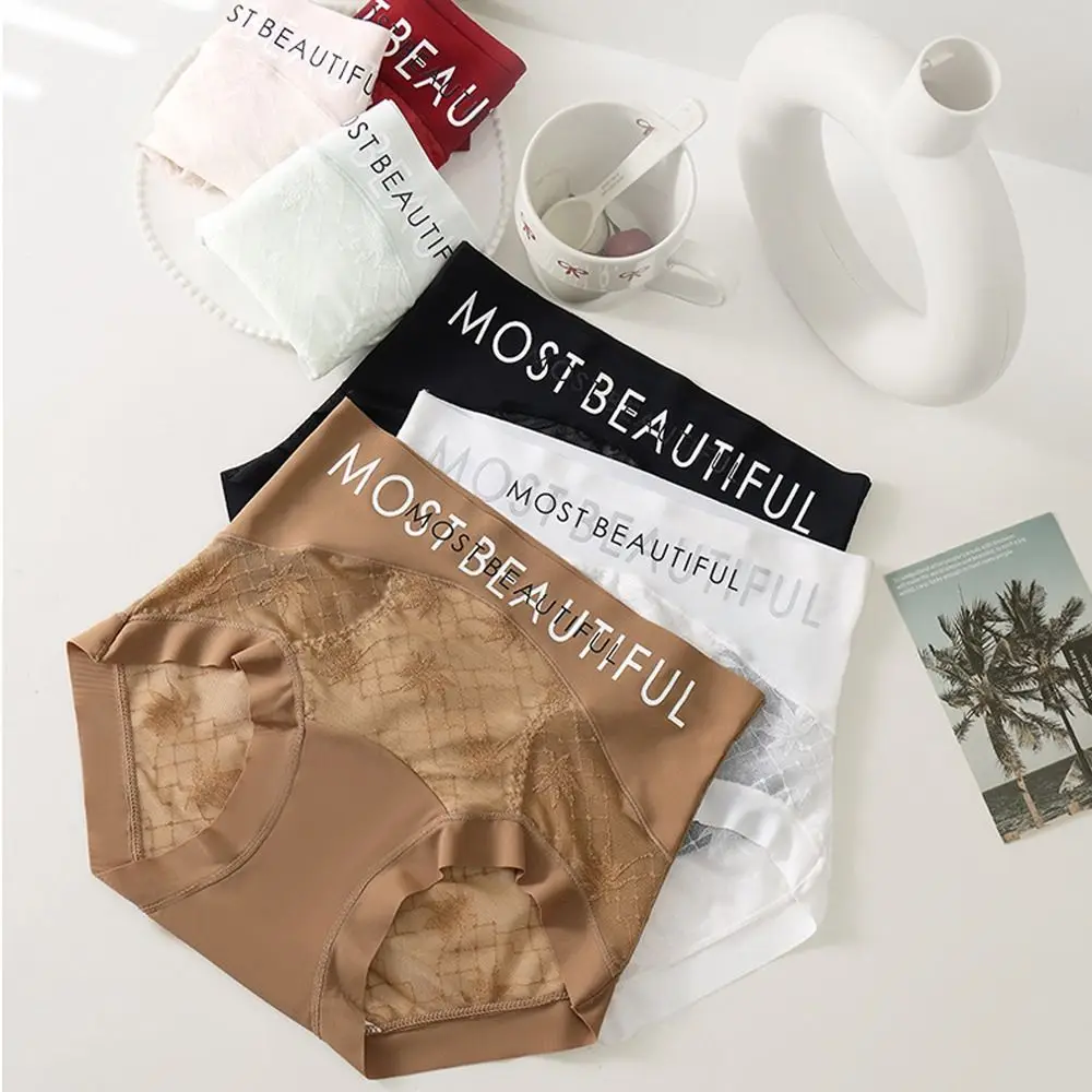 4 قطعة الحلو رقيقة جدا الدانتيل زهرة ملخصات منتصف الخصر شفافة الدانتيل شبكة سراويل داخلية القطن المنشعب سلس سراويل سيدة #5