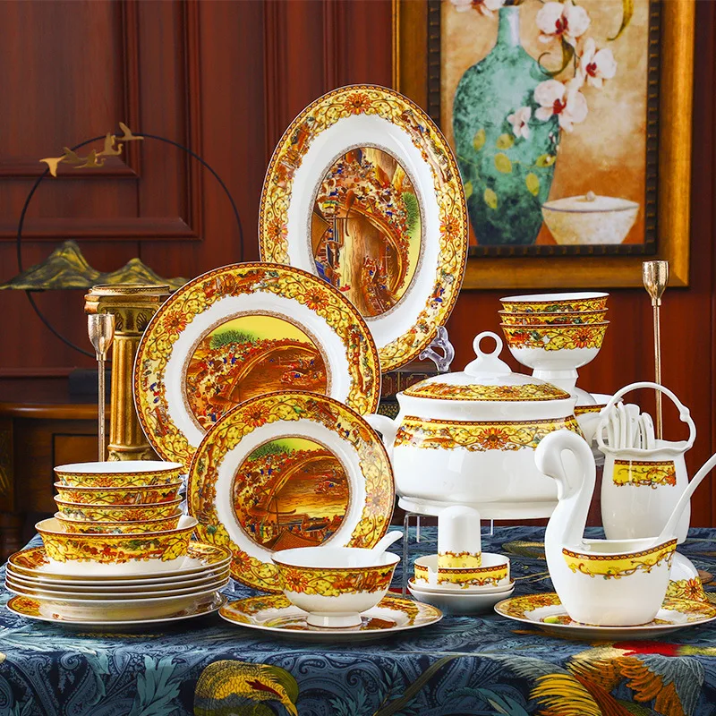 Tableware sets, ceramics, Qingming Shanghetu, bowls, Jingdezhen plates, gifts, home use