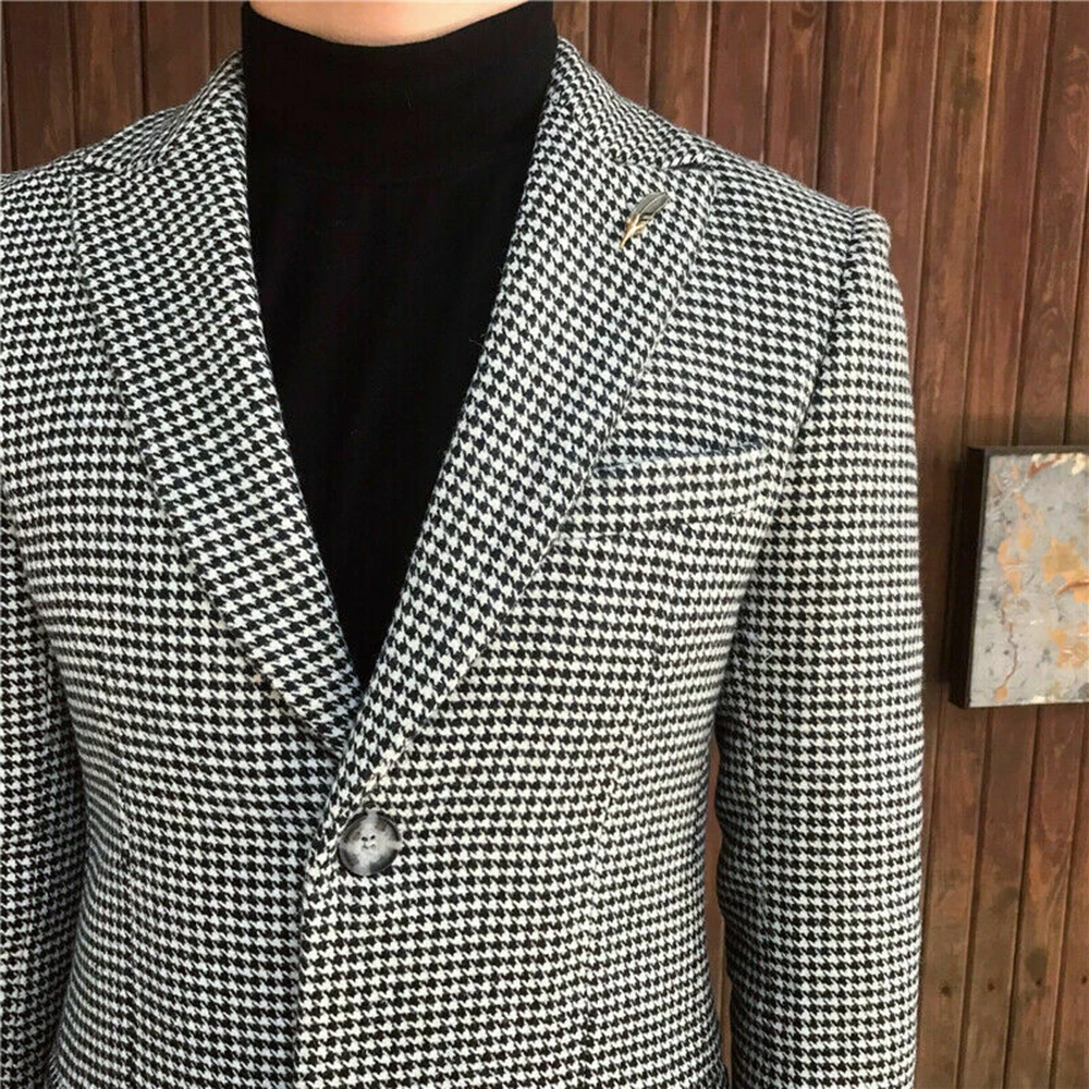 2024 Houndstooth Winter Men Coat Single Breasted Tweed Woolen Overcoat Slim Fit Groom Blazer Hombre Suits Tuxedo Custom Made