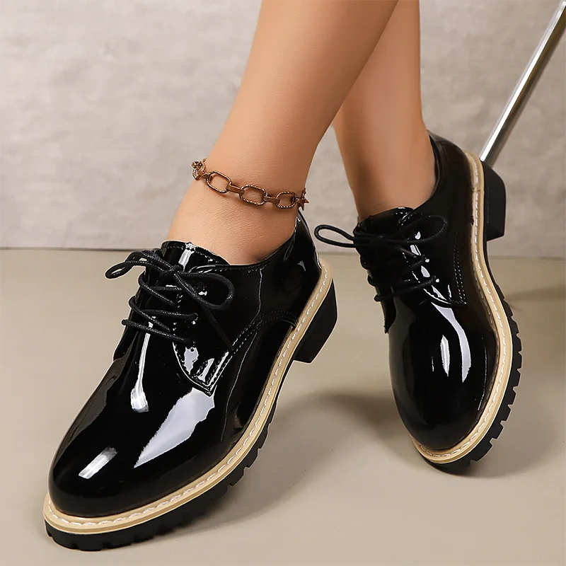 

Shoes for Women High Quality Patent Leather Casual Shoe British Style Leather Shoe Lace Up Oxford Shoes for Women Casual Loafers