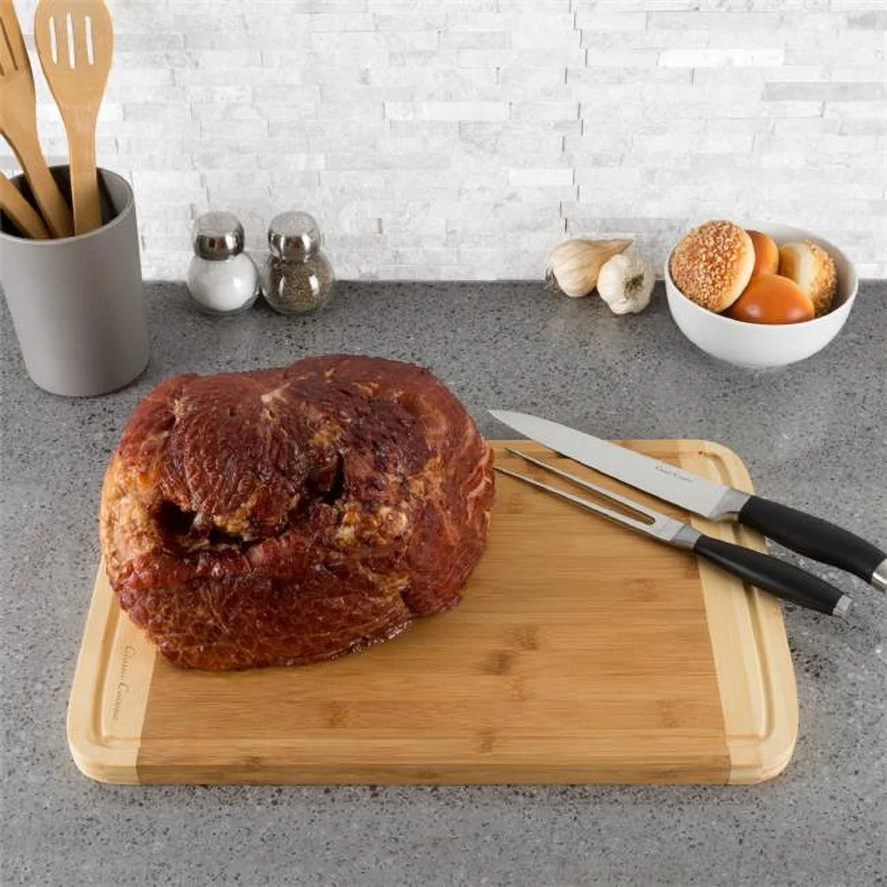 Tábua de corte de bambu de dois tons ecológica 18x12 com ranhura de suco extra grossa placa de preparação de cozinha antimicrobiana durável