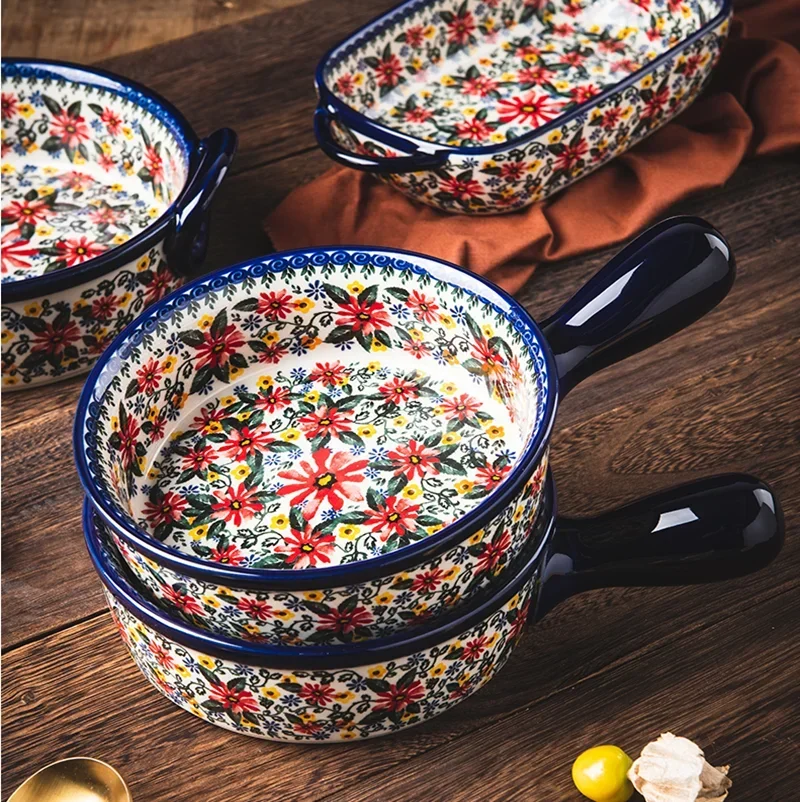 Retro Ceramic Binaural Baking Pan Single Bing Bowl Cutlery and Plate Hand-painted Daisy Rice Bowl Kitchen Tableware Decoration