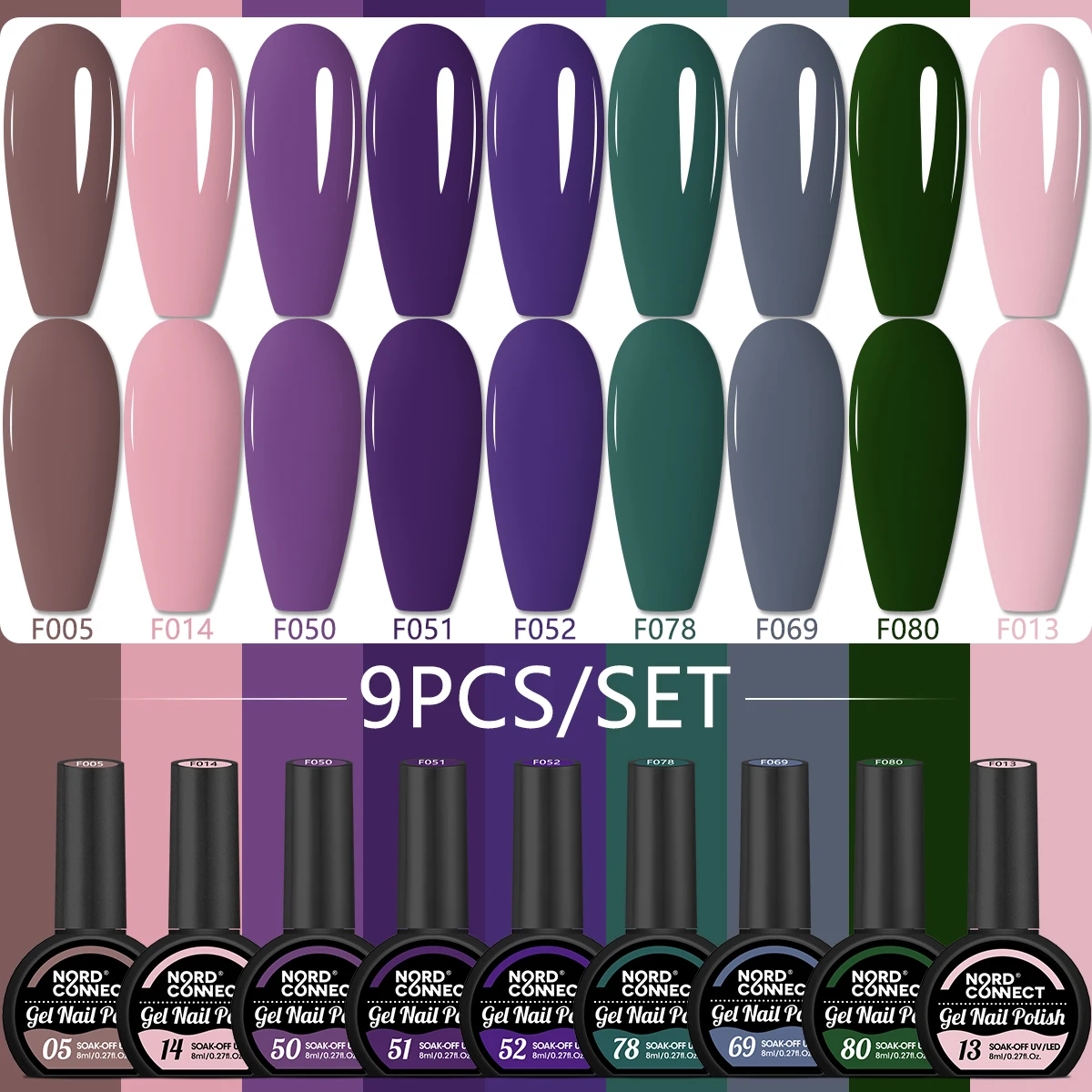 ชุดยาทาเล็บ 9 เฉดสีที่มีสูตรแห้งเร็วและติดทนนาน ประกอบด้วยยาทาเล็บสีแดง, ยาทาเล็บกลิตเตอร์สีแดงเข้ม และ