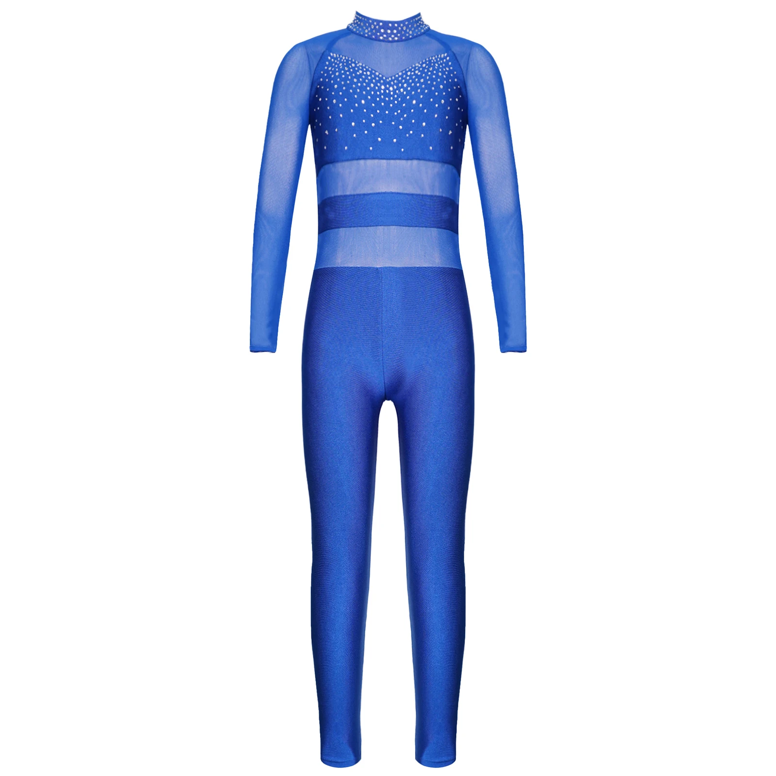 

Kids Girls Dance Performance Costumes Unitard Shiny Rhinestone Keyhole Back Jumpsuit Sheer Mesh Long Sleeve Gymnastics Bodysuit