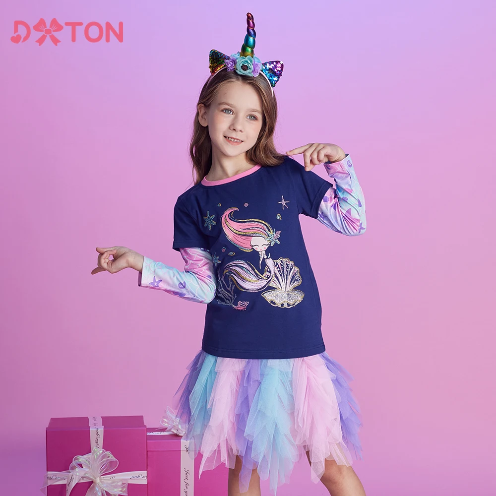 DXTON Spring Autumn T-shirts For Girls Long Sleeve Kids Tops Printing Children Tees Mermaid Shell Cotton Toddlers T-shirts 3-8Y