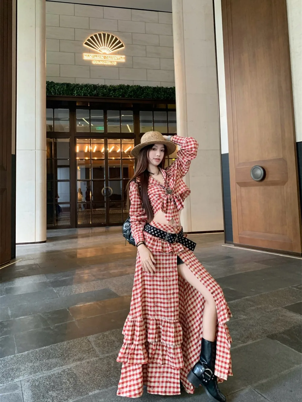 

Комплект с красной клетчатой юбкой для путешествий, женская юбка с принтом Bell Sve Top Bot, комплект из двух предметов, летний ансамбль Faion