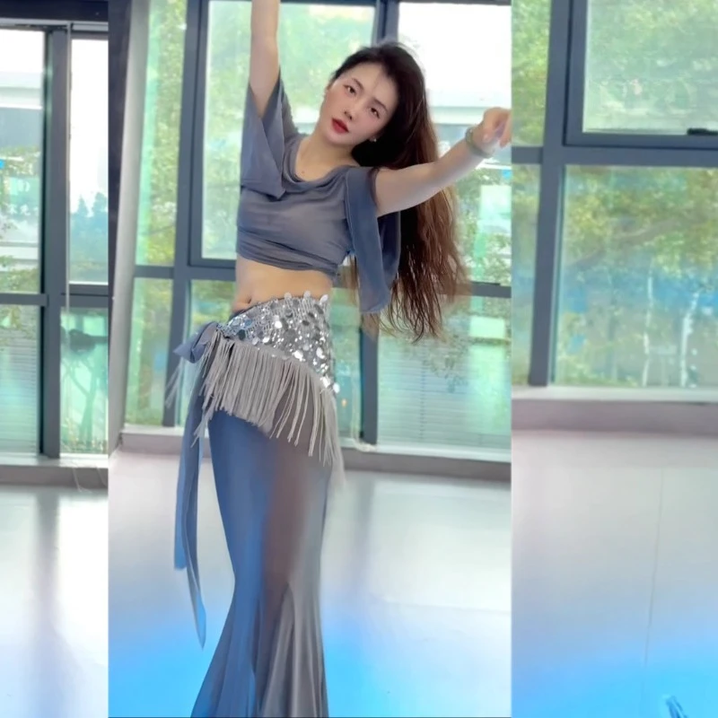 Bellydance 의상 연습 복장 3 피스 탑 스커트 술 엉덩이 스카프 세트에 대한 맞춤형 하이 엔드 플러스 사이즈 성능 세트