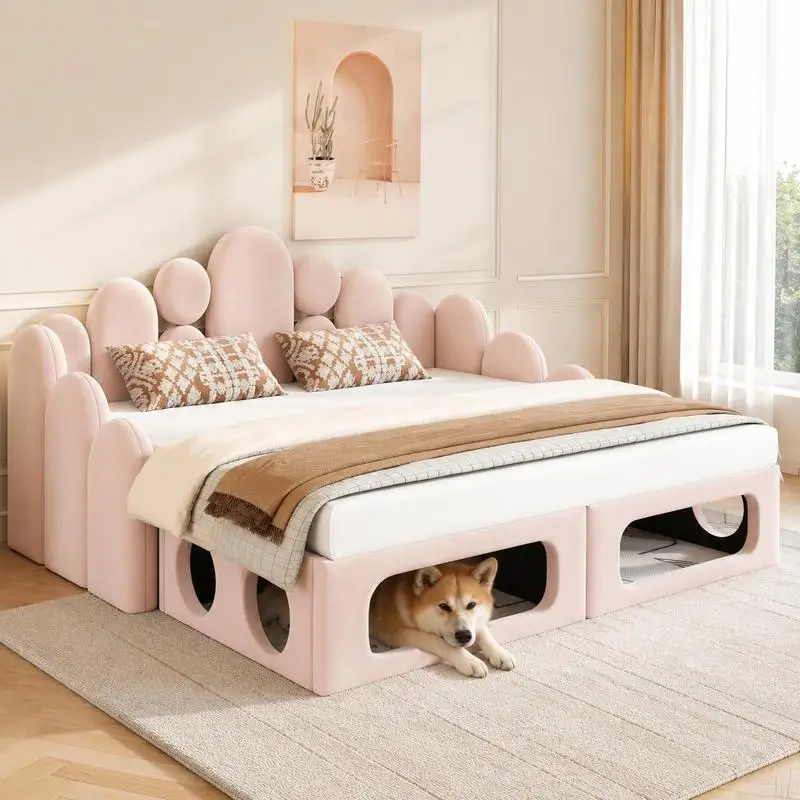 Canapé-lit convertible 2-en-1 en velours beige rose 98,5 x 78,41 x 21,31 cm avec sommier et dossier multifonction pour salon, chambre, appartement moderne, style scandinave, gain de place, adapté aux animaux de compagnie