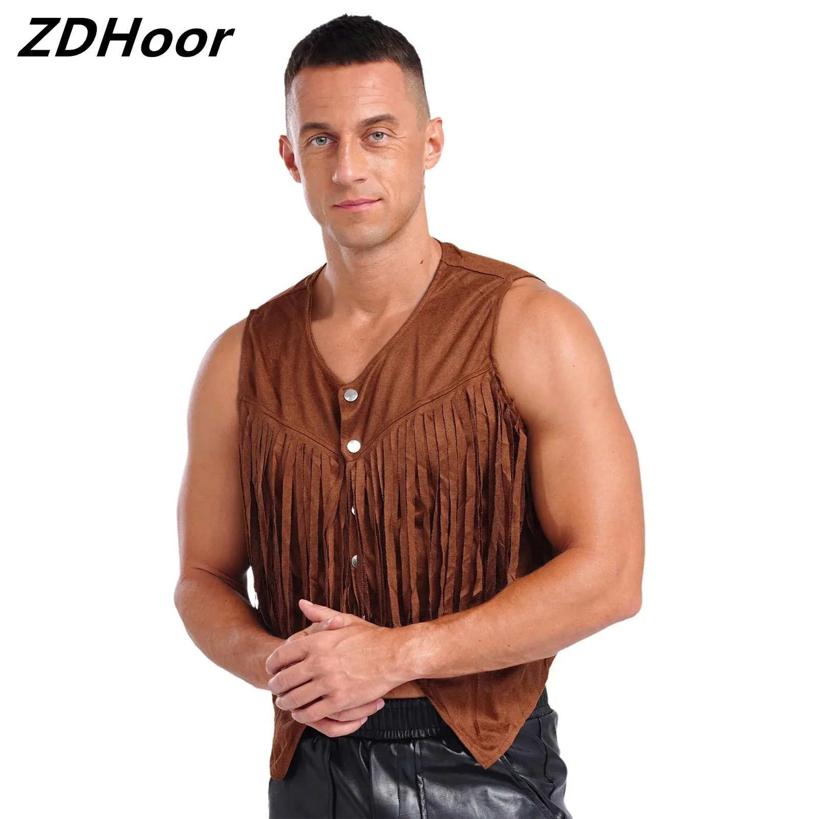 Mens Vintage Fringe Vest Faux Suede Tassel Waistcoat Irregular Hem Sleeveless Jacket for Halloween Theme Party Rock Concert