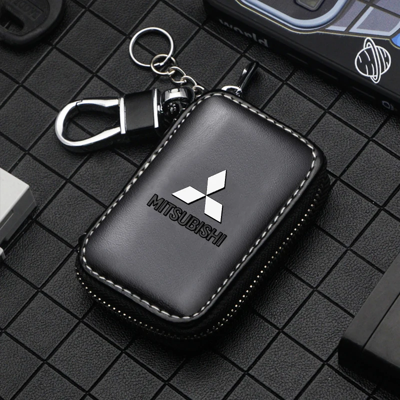 Leather Car Key Case Cover Keychain Zipper Bag Protector Car Key Pouch Bag for Mitsubishi ASX Lancer L200 Pajero Sport Attrage