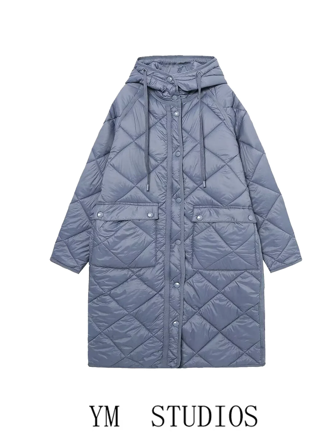 Ladies' Lazy Style Hooded Mid-Length Diamond Stitched Cotton Jacket Thin Outerwear Coat Straight Leg Regular Sleeve Capsule