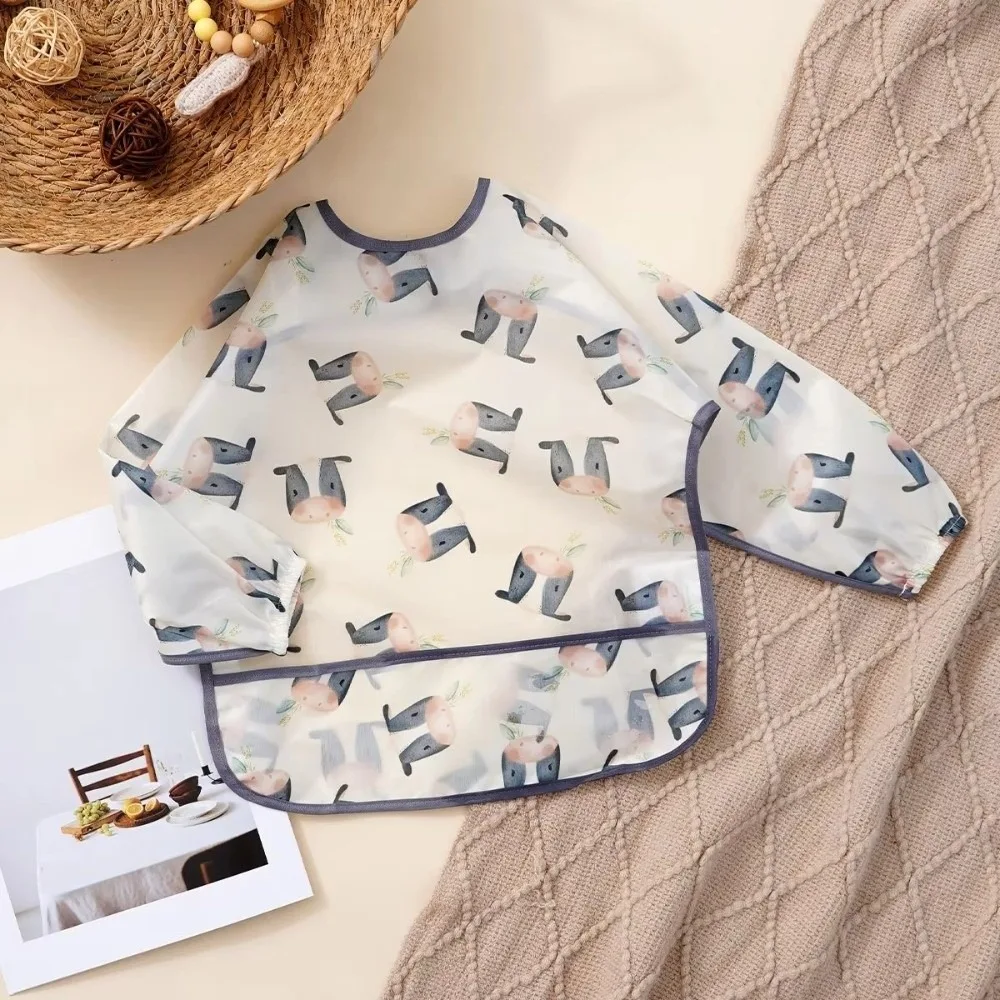 

Washable Waterproof Baby Bibs Colorful Cartoon Printing Pocket Design Feeding Apron Long Sleeve Easy To Clean