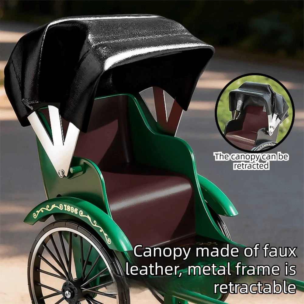 

Vintage Classic Human-Powered Rickshaw Model Handmade Movable Wheel Simulation Rickshaw Decorative Detailed Craftsmanship