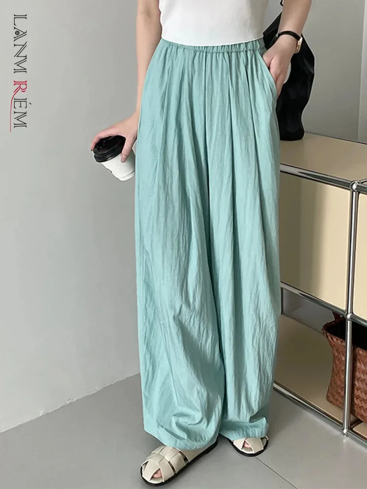 

LANMREM Simplicity Wide Leg Pants For Women Elastic High Waist Solid Color Loose Straight Trousers Casual 2024 Summer New 2Z1640