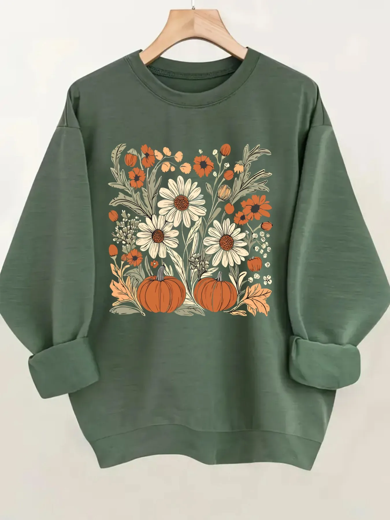 Women's Crew Neck Pullover Sweatshirt Autumn Floral Pumpkins Design, Soft Casual Long Sleeve, Daily Casual Top Outfit, Winter Women's Clothing, Thanksgiving Outfit