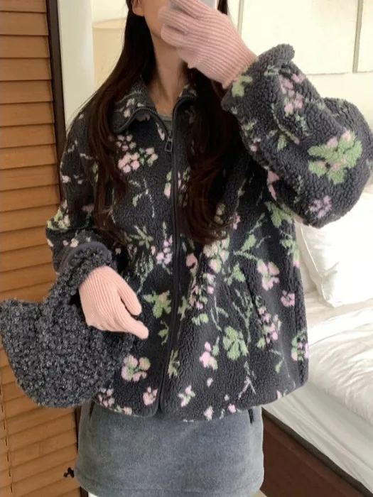 

Warmth Floral Lamb Fur Women's Jaet Gentle Sweet Anti-Aging Korean Sle Versatile Open Cardigan Top for Young Women