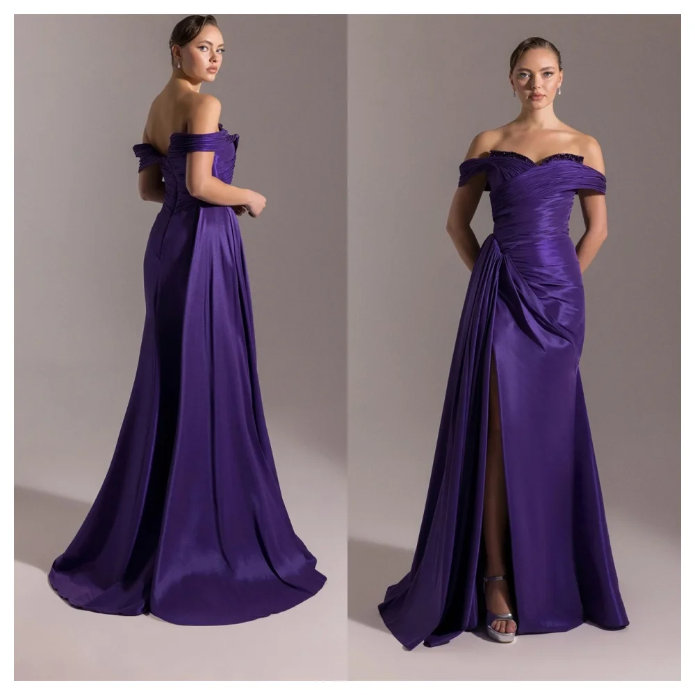 

Customized Exquisite Purple Satin Evening Dress Elegant Boat Neck Off the Shoulder Sleeveless Party Dress Fashion Celebrity Gown