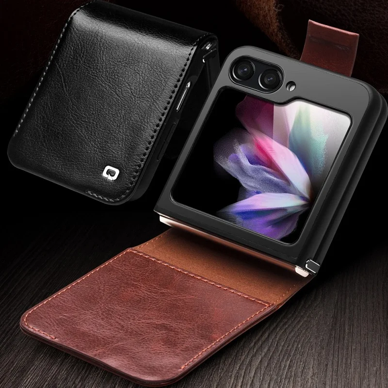 

Genuine Leather Side Magnetic Flip Phone Cover for Samsung Galaxy Z Flip6/Z Flip5 with Wallet Card Case Slots