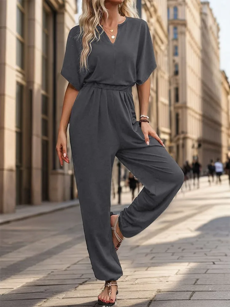 

Women's Waisted Romper Short-sleeved V-neck Hollowout Solid Color Corset Pants Casual Fashion Women Jumpsuits Famale Clothing