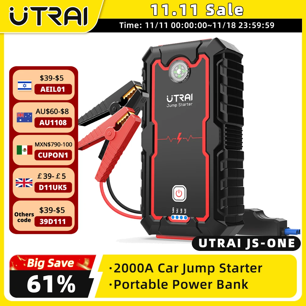 UTRAI Jump Starter Power Bank 2000A /1000A Portable Car Battery Starter For 12V Car Emergency Booster Starter Starting Device