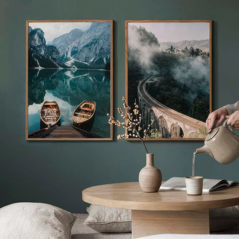 Nine Arch Bridge Print Nature Poster Lake Boat Canvas Wall Art Decorative Paintings Landscape Picture for the Modern Living Room