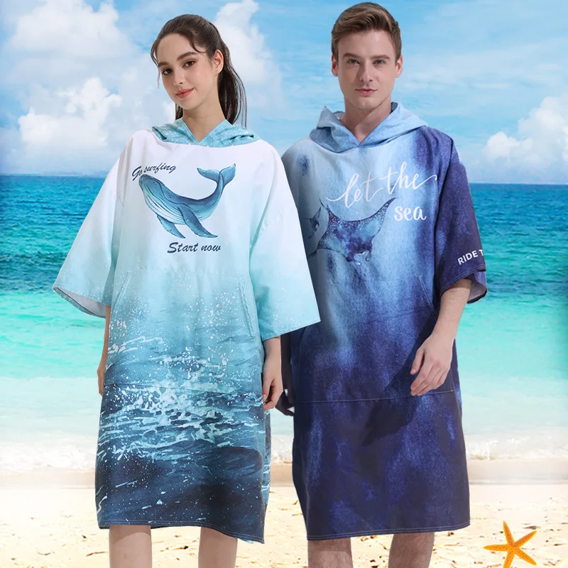

Пляжное полотенце-пончо Ocean Style из двустороннего велюра с капюшоном, карманами и рукавами, быстросохнущее, для плавания и серфинга