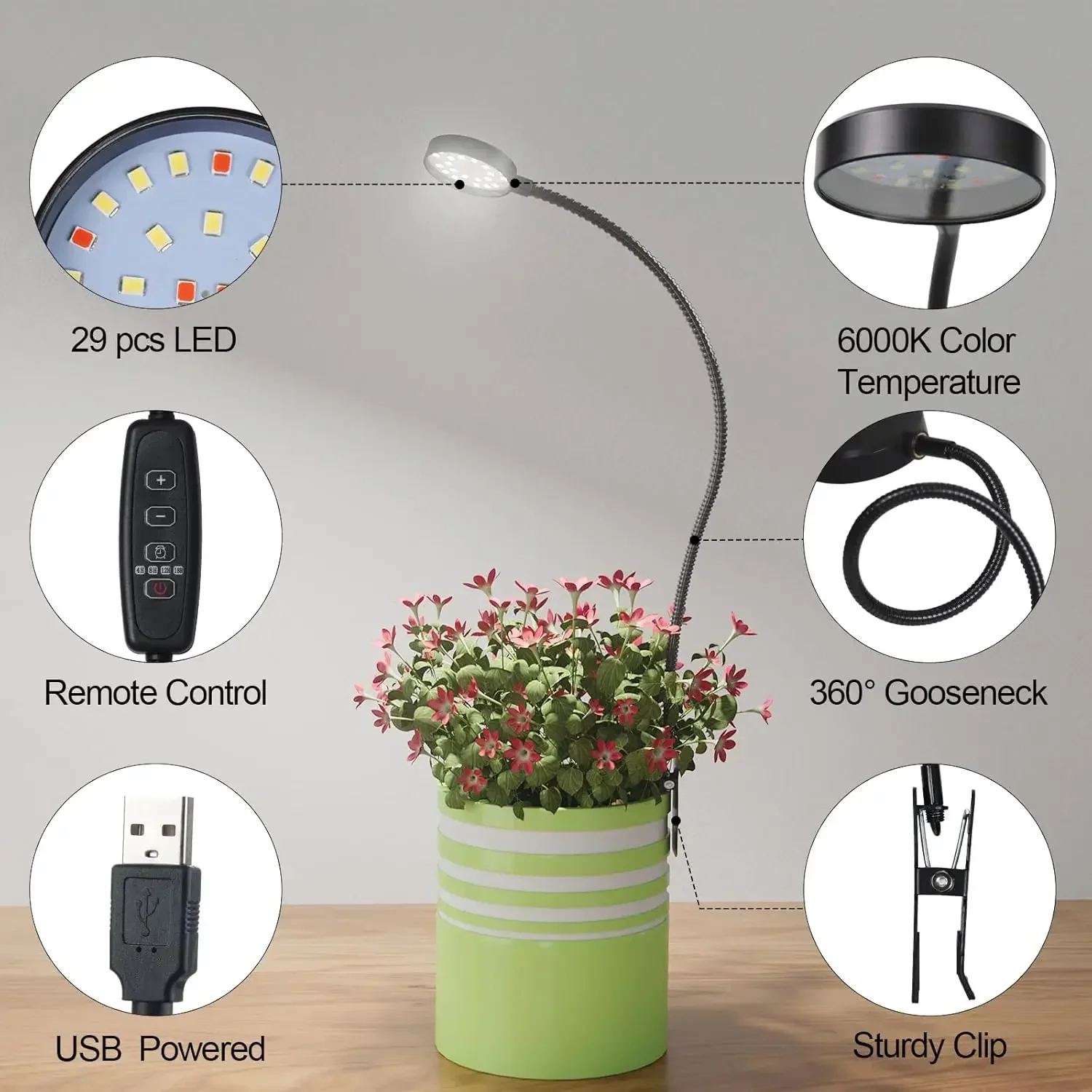 

Gooseneck Clip-on Plant Lamp Dimmable Plant Grow Light 6000K White Full Spectrum Pot Plant Light for Indoor Plants