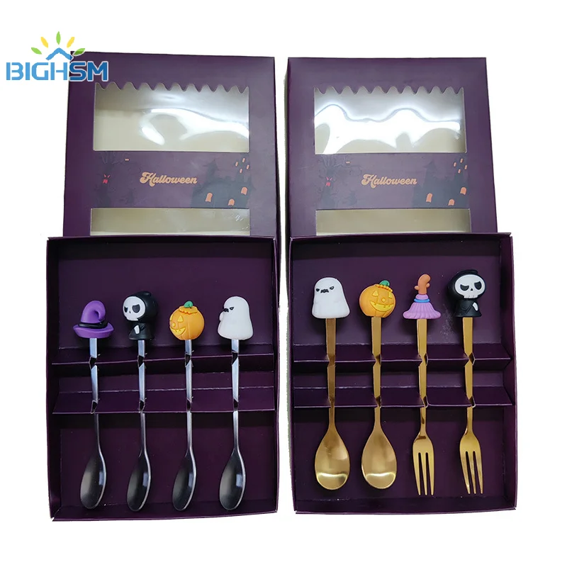 4 pz/set regali di Halloween cucchiai da caffè in acciaio inossidabile ciondolo in stile Halloween forchetta per torta Set di posate da pranzo per feste a tema