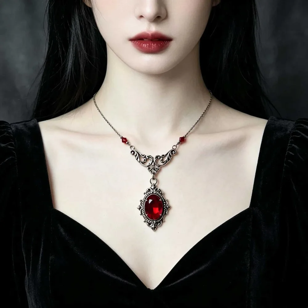 Retro Victorian Red Oval Glass Gem Pendant Necklace Gothic Witch Steampunk Scroll Silver Tone Chain for Women Halloween Jewelry