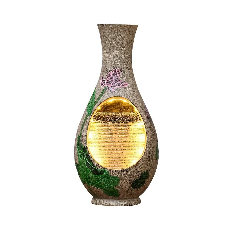 Chinese Style Vase Water Fountain Ornament Tabletop Circulating Water Feature for Living Room Tea Room Floral Carved Waterfall