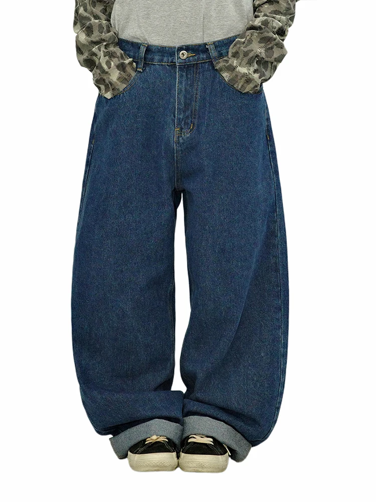 

Джинсы Guluwoo в стиле ретро, японский стиль, свободный крой, с высокой талией, синие, на эластичной резинке, повседневные, прямые брюки