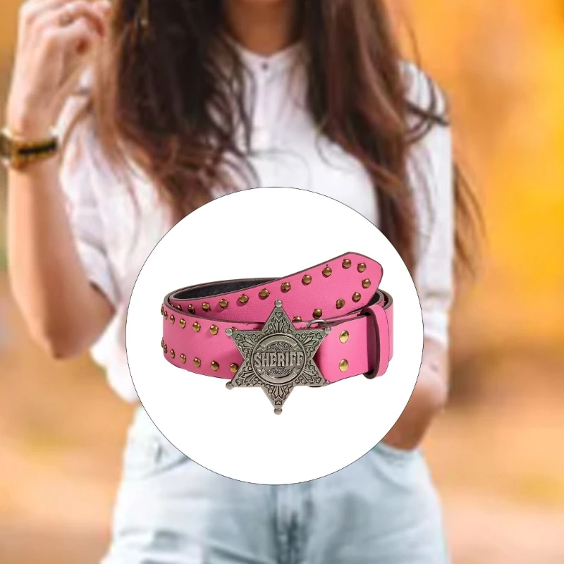 95AB Modieuze Jeans Riem met Gesp All-Matched Design Westerse Cowgirl Taille Riem Ster Klinknagel Punk Brede Riem Decoraties