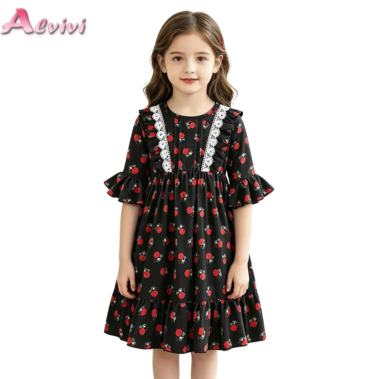 

Bohemian-style Lace Dress Vintage Sweet Pastoral Dress Girls V Neck Bell Sleeve Color Block Design Ruffle Dress for Casual Life