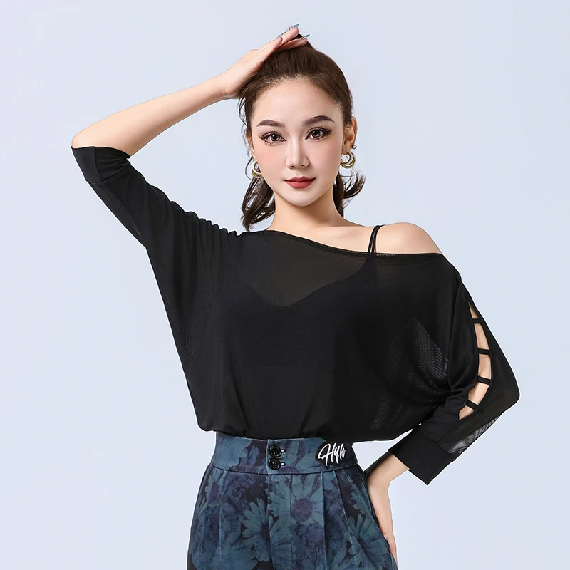 مائل الكتف شبكة اللاتينية الرقص أعلى ممارسة الملابس النساء اللاتينية الرقص الملابس الكبار الفالس حفلة موسيقية السالسا الرقص ارتداءها XH3032