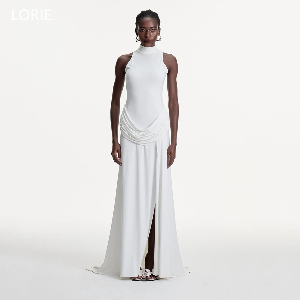 

LORIE Chic White Party Dresses High Neck Sleeveless Pleats Evening Prom Dress A-Line Side Slit Prom Gown Customized
