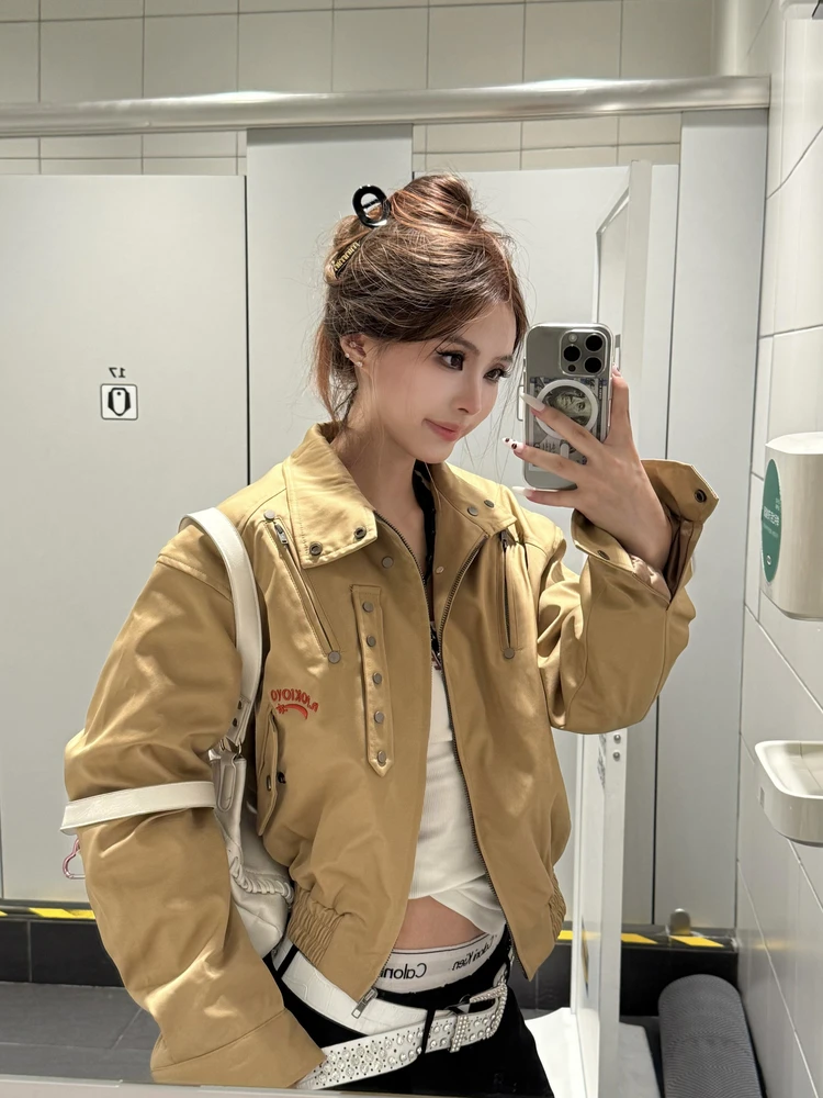 

BeOurRule American Retro Flight Jaet Khaki Workwear Zipper Collar Women's Loose Autumn Winter Outerwear ort Coat