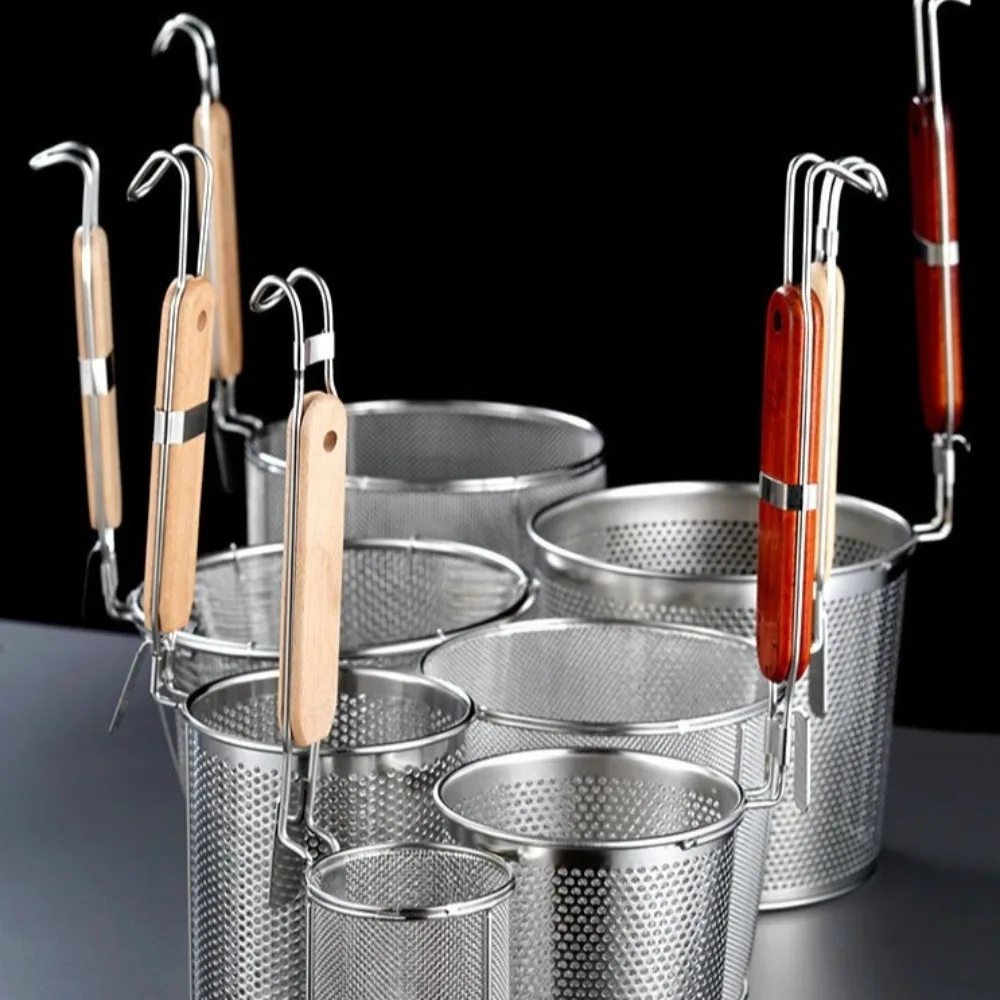 Picture 4: Thickened Stainless Steel Funnel Wooden Handle Kitchen Gadgets Pasta Basket Strainer Multifunctional Vegetables Mesh Sieve Spoon